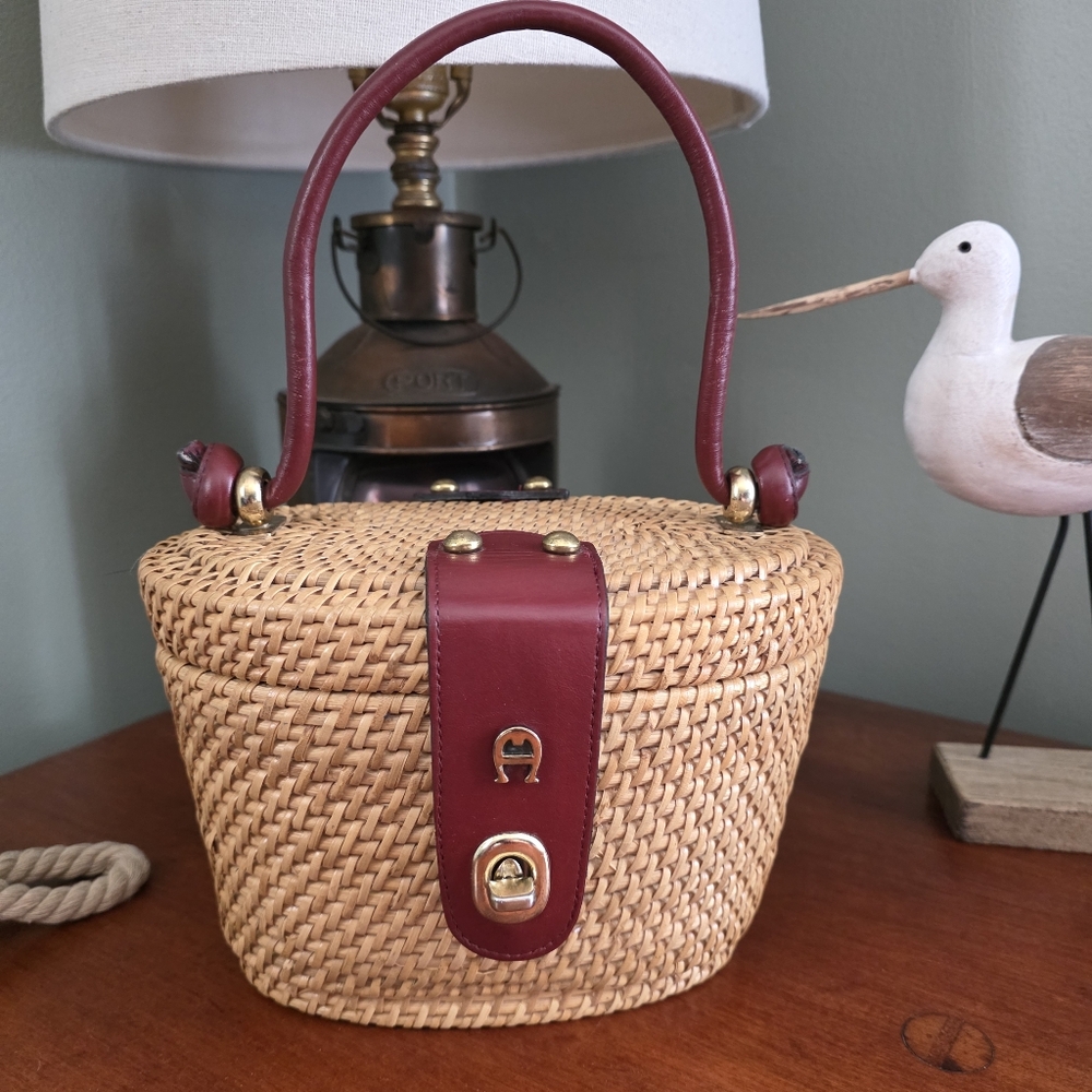 Etienne Aigner Oval Basket Bag Woven Wicker Tan Burgundy Leather Top Handle